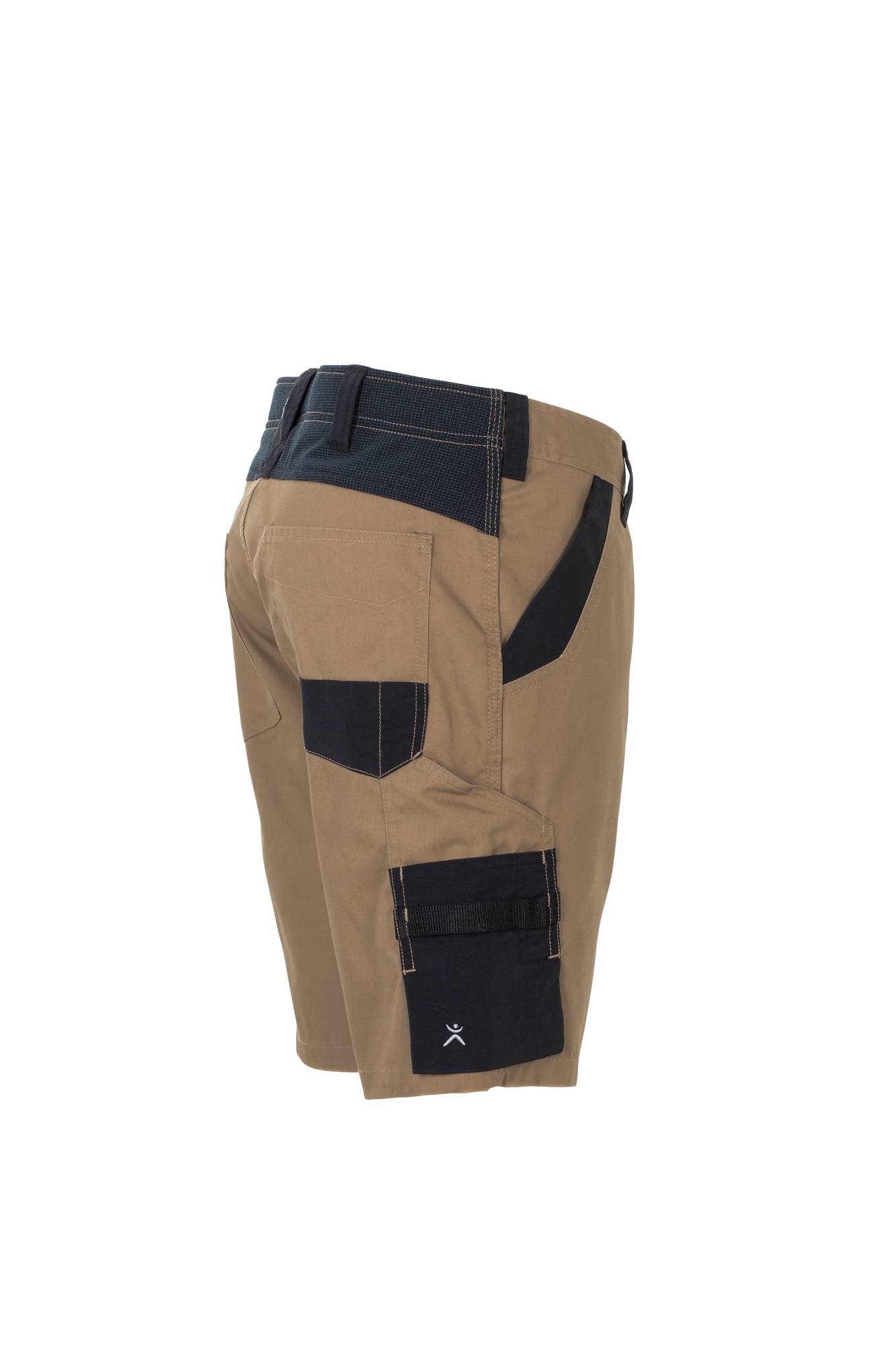 Beige und marine Arbeitsshorts mit mehreren Taschen und verstärkten Nähten, von hinten gezeigt, wobei Funktionalität und Haltbarkeit betont werden.