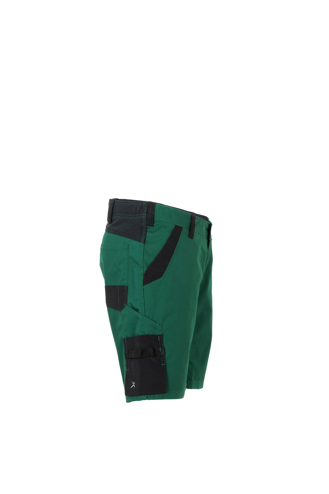 Grüne Arbeitsshorts mit schwarzen Taschen und Gürtelschlaufen, designed für Funktionalität und Komfort.