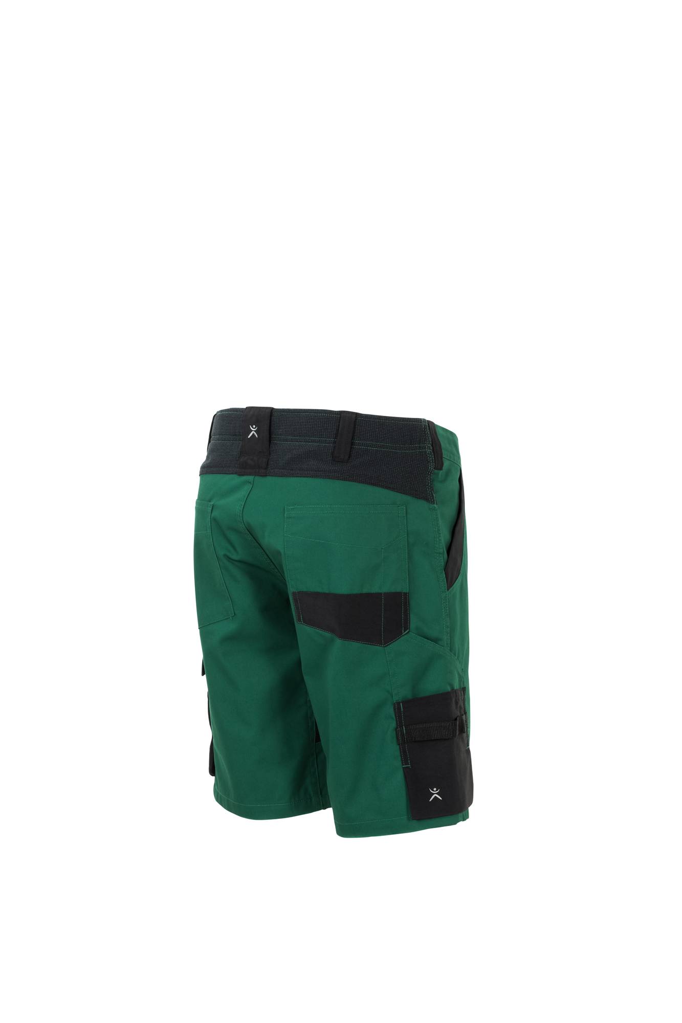 Grüne Arbeitsshorts mit mehreren Taschen, von hinten betrachtet, die das aufgabenorientierte Design für manuelle Tätigkeiten betonen.