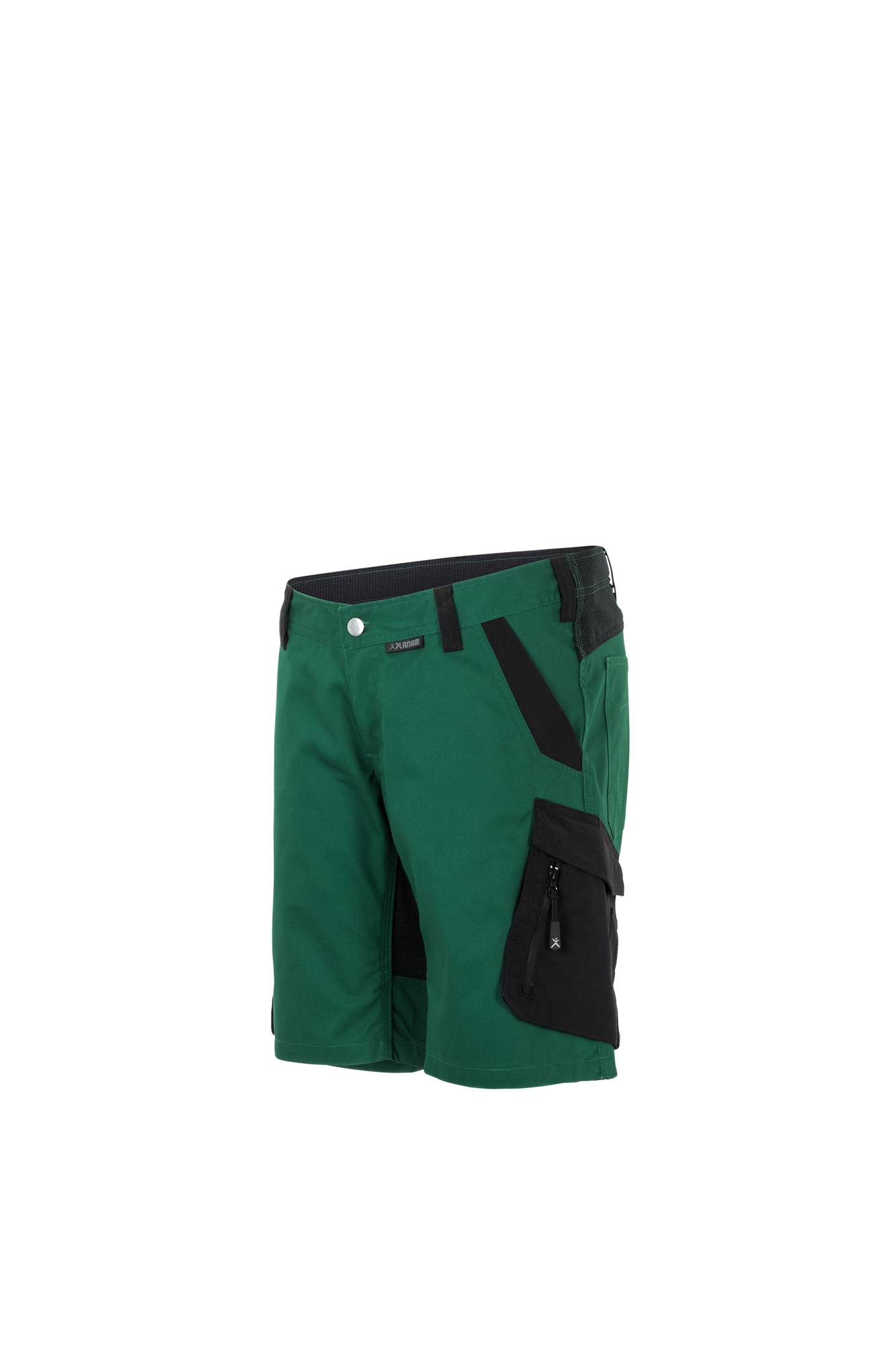Grüne und schwarze Radlerhose in Knieländge mit mehreren Taschen und Knopfverschluss, konzipiert für Outdoor-Sportaktivitäten.