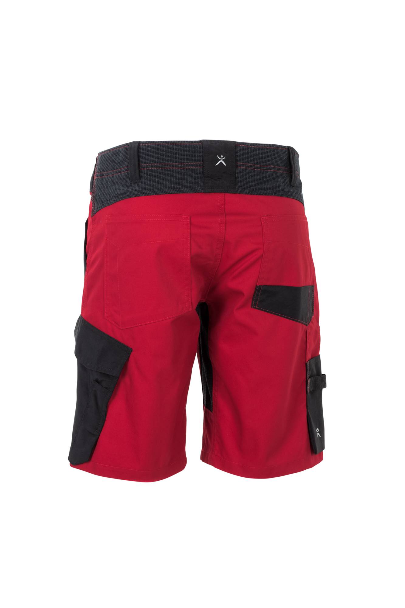 Rote und schwarze Shorts mit mehreren Taschen und einem kontrastierenden Bund, konzipiert für Haltbarkeit und Funktionalität.