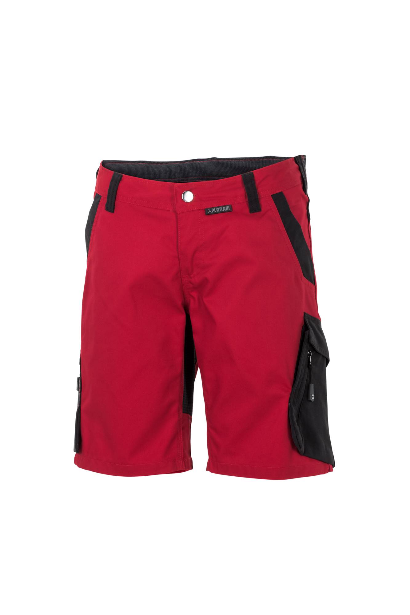 Rote und schwarze Bermuda-Shorts mit Seitentaschen und Knopfverschluss.