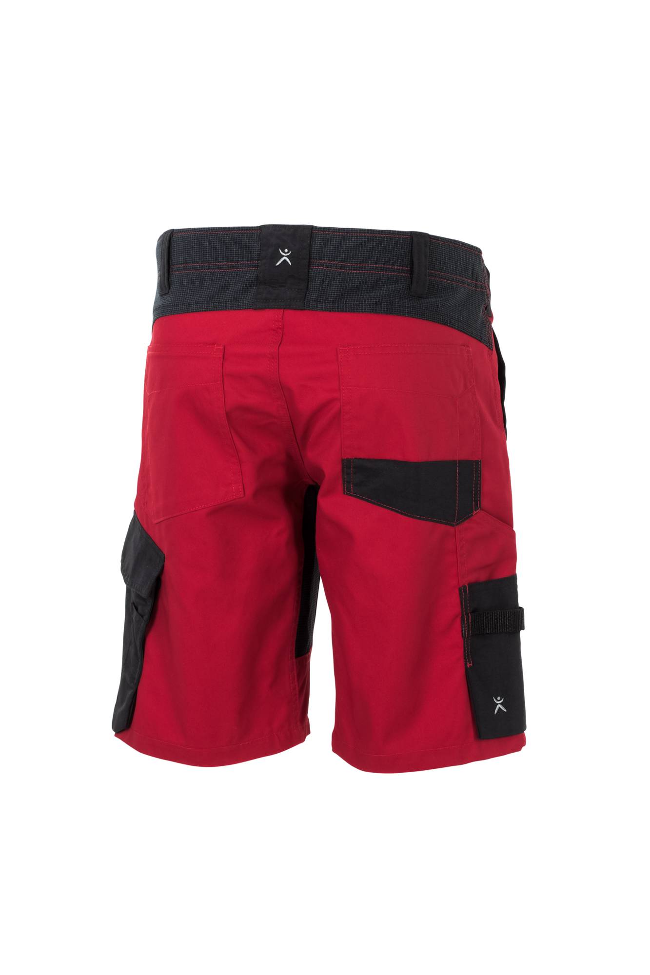 Rote Cargoshorts mit schwarzem Bund und Taschen; die Rückansicht zeigt mehrere Taschen und verstärkte Nähte, was auf Haltbarkeit hindeutet.