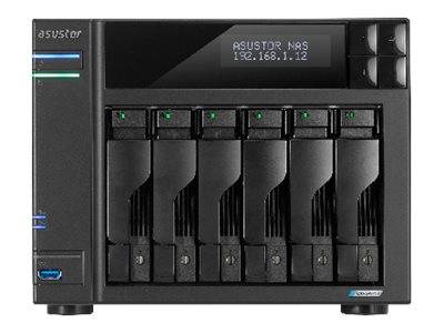 Frontansicht eines ASUSTOR NAS-Speicherservers mit sechs Festplattenschächten und einem kleinen Display, das „ASUSTOR NAS 192.168.1.12