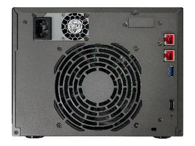 Rückansicht eines Desktop-Computer-Towers mit großem Kühlerlüftergitter, Stromeingang, USB-Anschlüssen und roten Netzwerkports.