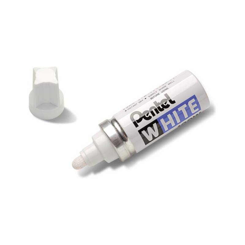 Ein weißer Korrekturstift mit abgenommenem Deckel, beschriftet mit 'Pentel White', der die Applikatorspitze zeigt.