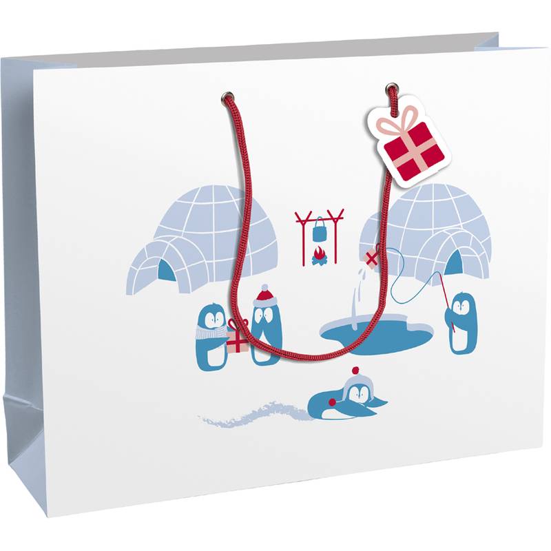 Eine Geschenktüte mit Cartoon-Pinguinen und Iglus. Ein Pinguin hält einen Stab mit einem Fisch, und ein anderer befindet sich im Wasser. Ein rotes Kordel-Tragegriff hat einen Geschenkanhänger.