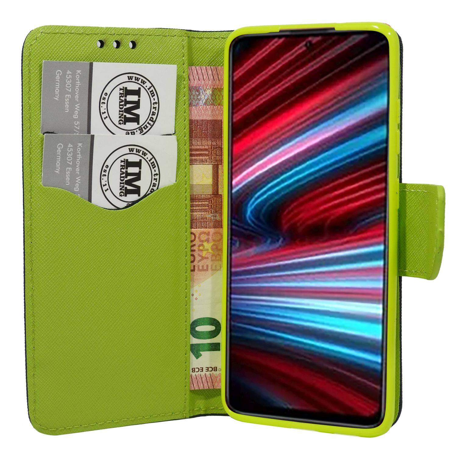 Buch Tasche "Fancy" kompatibel mit XIAOMI REDMI NOTE 11T 5G Handy Hülle Etui Brieftasche Schutzhülle mit Standfunktion, Kartenfach Blau-Grün