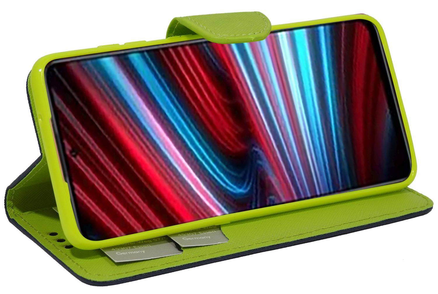 Buch Tasche "Fancy" kompatibel mit XIAOMI REDMI NOTE 11T 5G Handy Hülle Etui Brieftasche Schutzhülle mit Standfunktion, Kartenfach Blau-Grün
