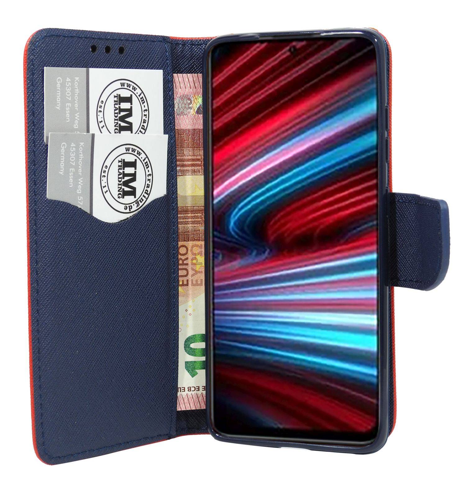 Buch Tasche "Fancy" kompatibel mit XIAOMI REDMI NOTE 11s 5G Handy Hülle Etui Brieftasche Schutzhülle mit Standfunktion, Kartenfach Rot-Blau