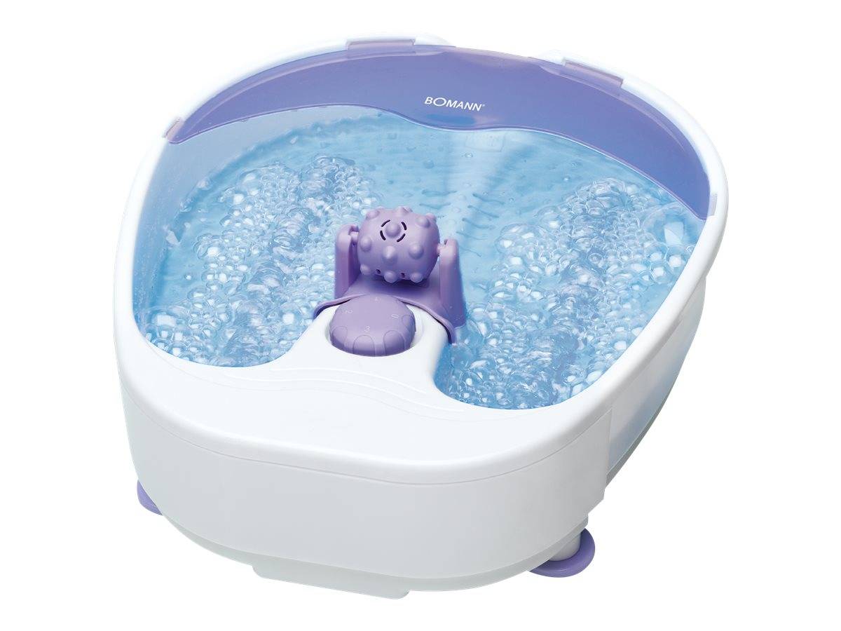 Eine Fußsprudelbadewanne gefüllt mit sprudelndem Wasser, ausgestattet mit einer violetten Massagerolle, entwickelt für entspannende Fußmassagen.