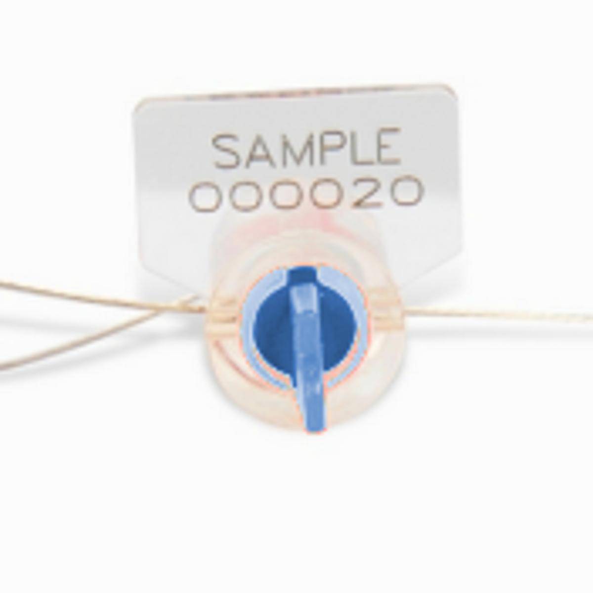 TwistLock - Verstellbare Drahtseilplombe, Polycarbonat, mit Draht, Blau, 1 mm Durchmesser x 200 mm (Nutzlänge), Aufdruck: Fortlaufende Nummer (100