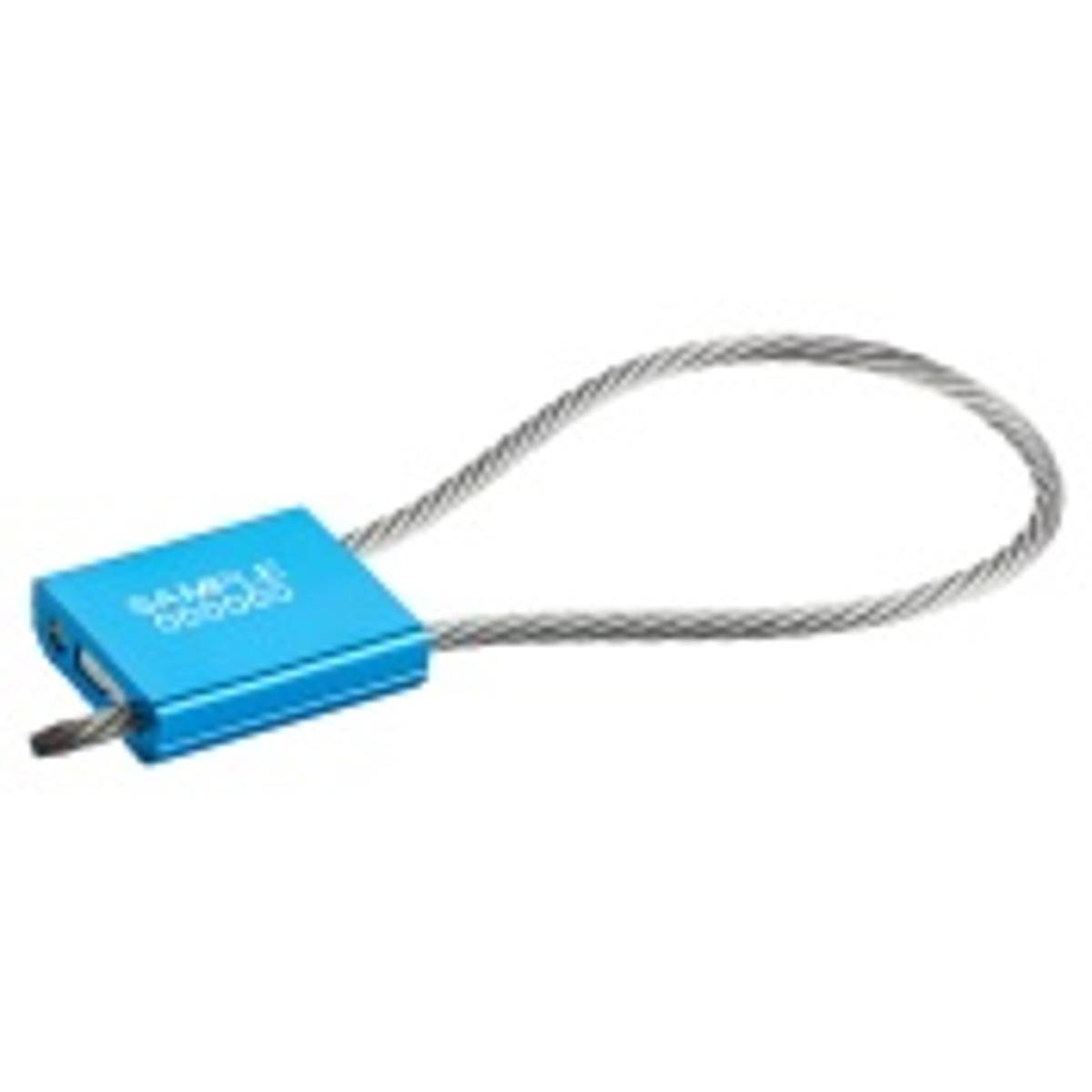 CableLock 250 - Verstellbare Drahtseilplombe, Aluminium, mit Stahlkabel, Blau, 2.5mm Durchmesser x 300mm (Nutzlänge), Aufdruck: SEALED