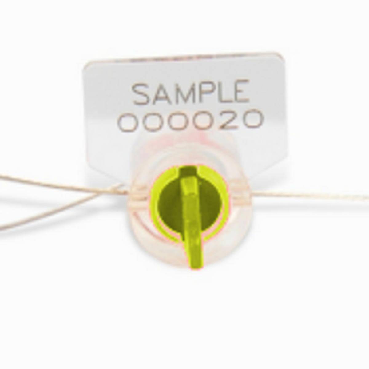 TwistLock - Verstellbare Drahtseilplombe, Polycarbonat, mit Draht, Gelb, 1 mm Durchmesser x 200 mm (Nutzlänge), Aufdruck: Fortlaufende Nummer (100