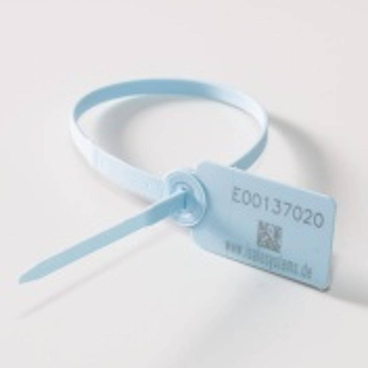 BagLock Durchziehplombe, Polypropylen, hellblau, 6 mm Durchmesser x 350 mm (Nutzlänge), Aufdruck: fortlaufende Nummer (1 Pack mit 100 Stück)