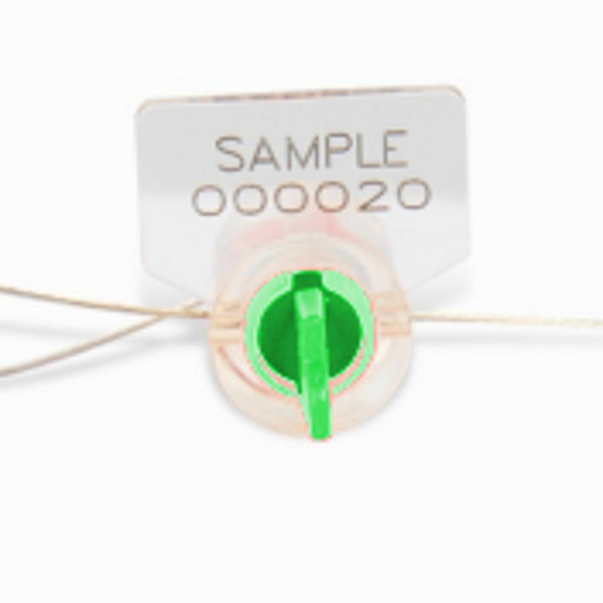 TwistLock - Verstellbare Drahtseilplombe, Polycarbonat, mit Draht, Grün, 1 mm Durchmesser x 200 mm (Nutzlänge), Aufdruck: Fortlaufende Nummer (100