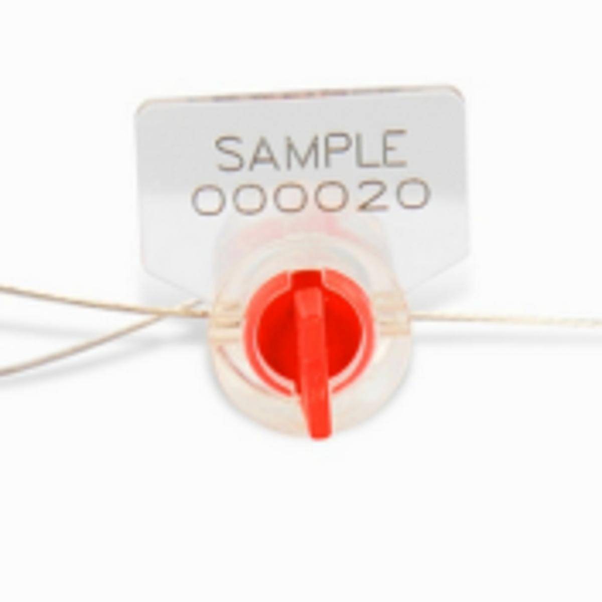 TwistLock - Verstellbare Drahtseilplombe, Polycarbonat, mit Draht, Rot, 1 mm Durchmesser x 200 mm (Nutzlänge), Aufdruck: Fortlaufende Nummer (100 St