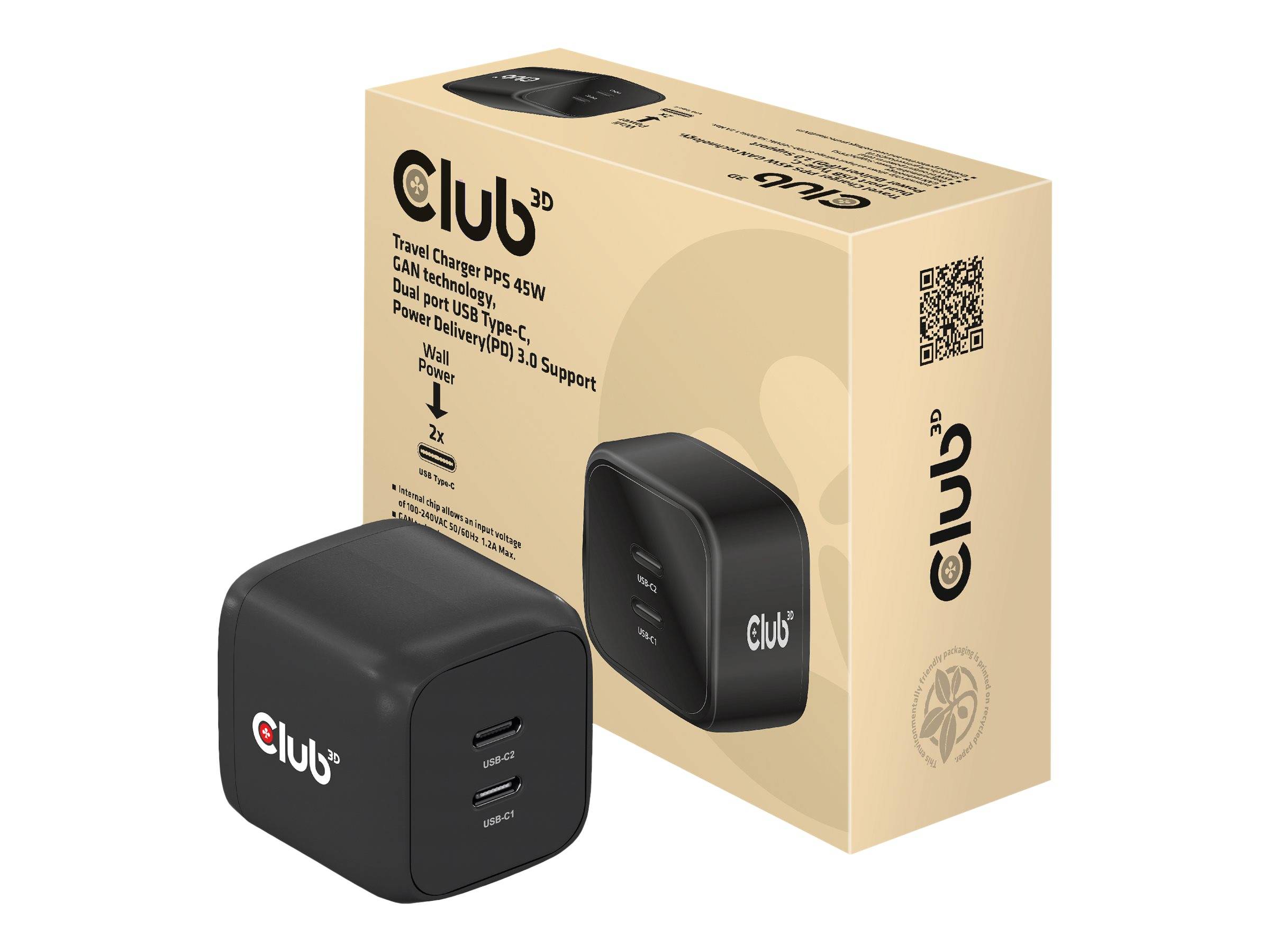 Black Club 3D Reiseladegerät und passende Einzelhandelsverpackung mit der Aufschrift „Travel Charger PPS 45W