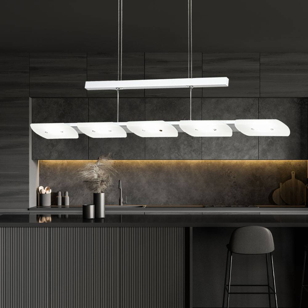 LED Hängeleuchte Küchenlampe Pendelleuchte Höhenverstellbar Hängelampe Esszimmer, Alu Stahl Glas satiniert, 5x 4,8W 210Lm warmweiß, LxBxH 89x10x1
