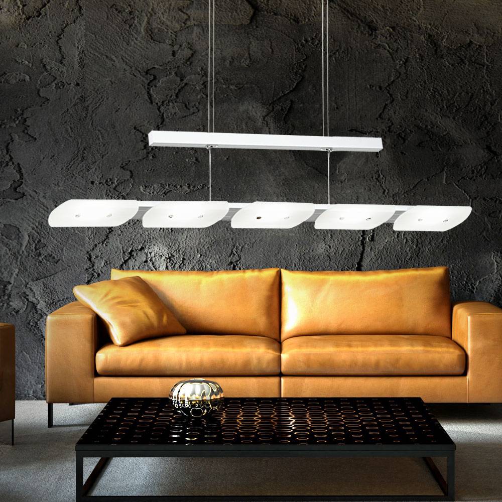 LED Hängeleuchte Küchenlampe Pendelleuchte Höhenverstellbar Hängelampe Esszimmer, Alu Stahl Glas satiniert, 5x 4,8W 210Lm warmweiß, LxBxH 89x10x1