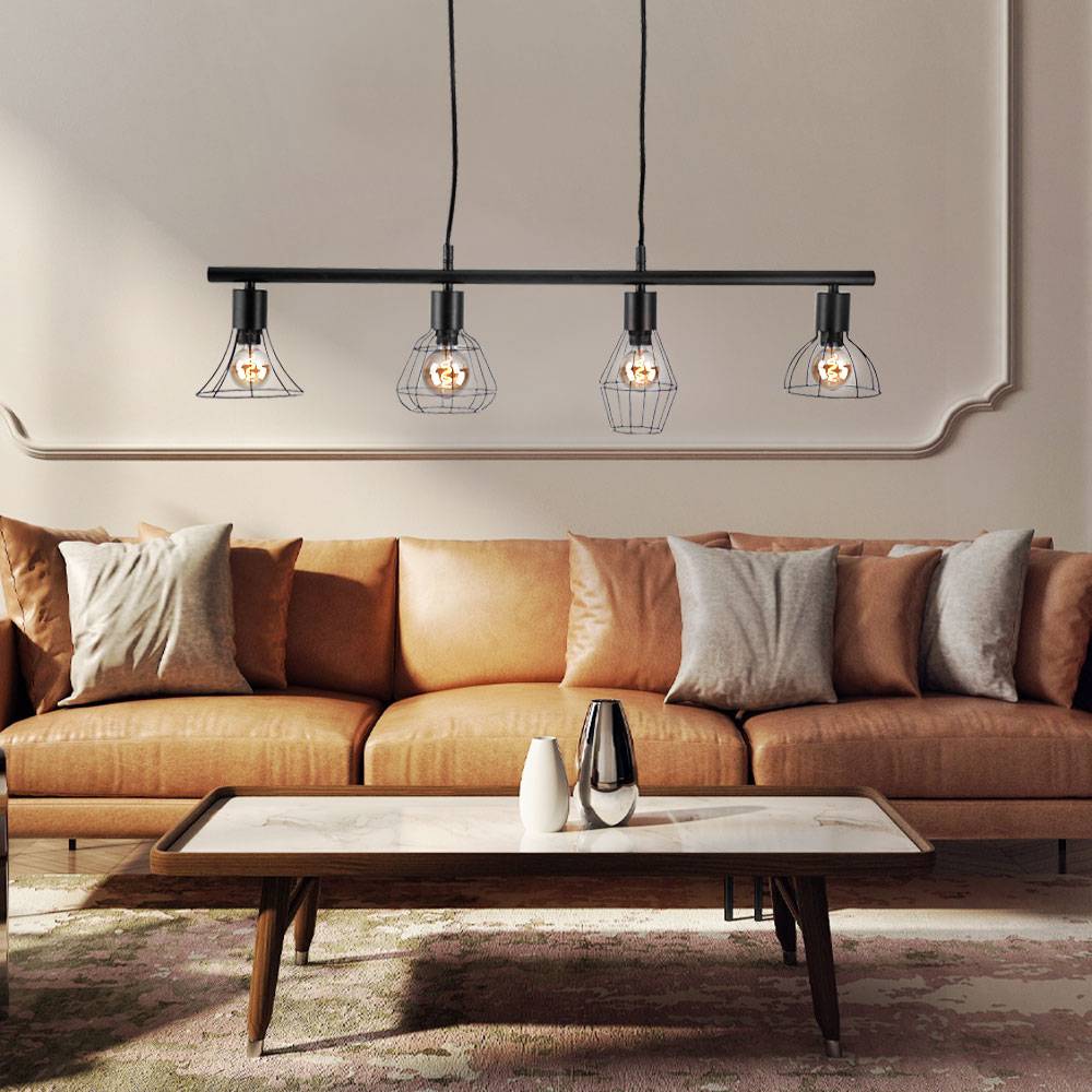 Hängelampe Esszimmertisch Lampe Wohnzimmer Industrial Hängeleuchte schwarz Metall 4 flammig, 4x E14, LxBxH 75x13x150 cm