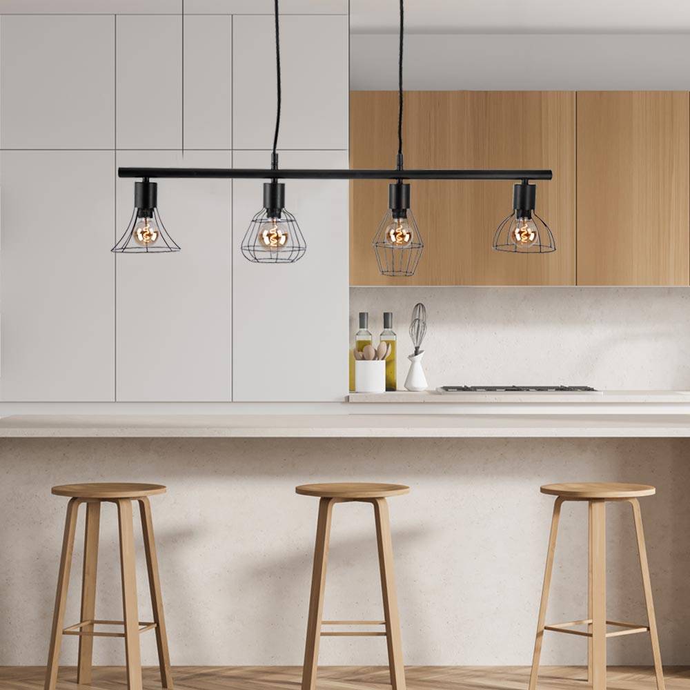 Hängelampe Esszimmertisch Lampe Wohnzimmer Industrial Hängeleuchte schwarz Metall 4 flammig, 4x E14, LxBxH 75x13x150 cm