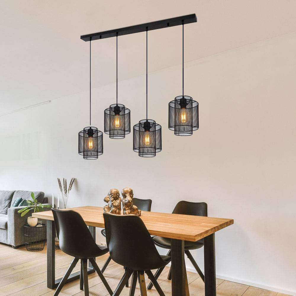 Esszimmertisch Lampe Hängelampe Wohnzimmer Industrial Hängeleuchte schwarz Metall 4 flammig, Gitter Design, 4x E27, LxH 98x120 cm