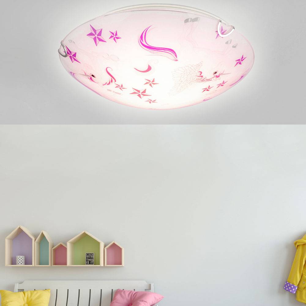 Deckenleuchte LED Kinderleuchte Deckenlampe Mädchen Kinderzimmer rund, Glas Einhorn Sterne weiß rosa, 16W 960lm warmweiß, D 30 cm