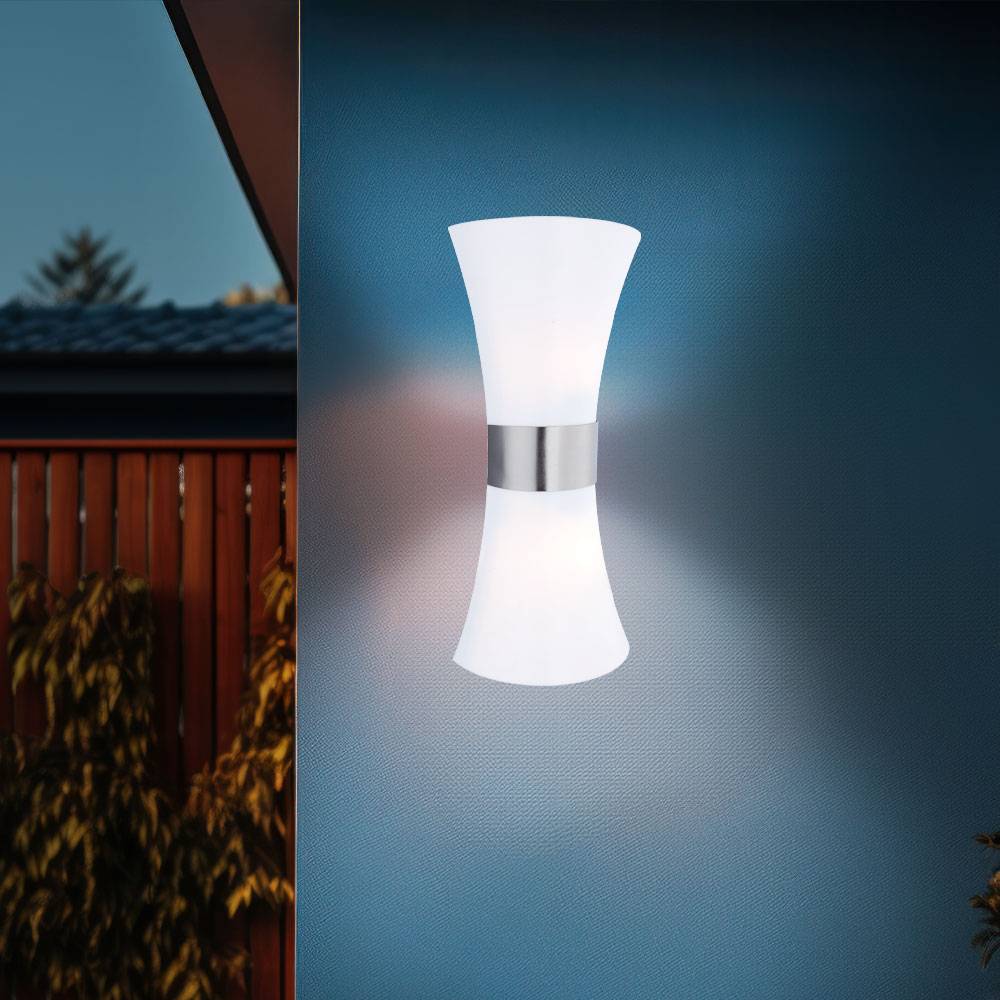 Wandleuchte Wandlampe Außenleuchte Hauswandleuchte Terrassenleuchte, IP44 2 flammig Up & Down, Edelstahl opal, 2x E27 Fassungen, HxBxÜ 35x16x9,4cm
