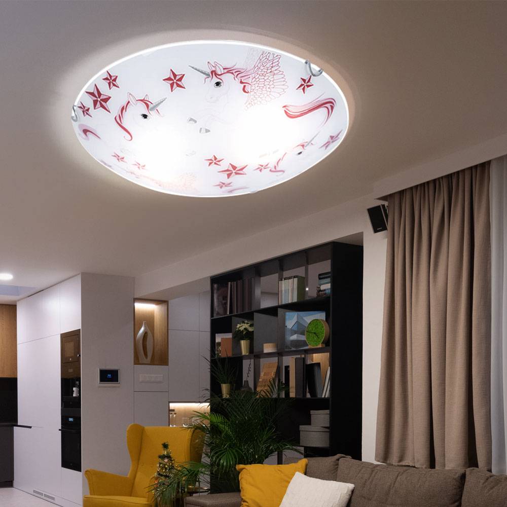 Deckenleuchte Kinderleuchte Deckenlampe Mädchen Kinderzimmer rund, Glas Einhorn Sterne weiß rosa, 2x E27, D 40 cm