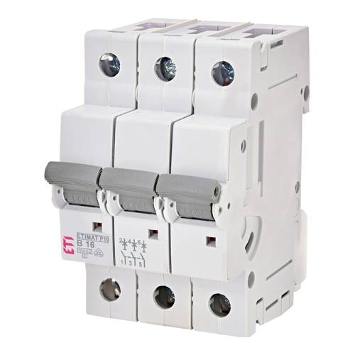 Ein weißer dreipoliger Leitungsschutzschalter mit gekennzeichneten Schaltern wird gezeigt, der für die elektrische Sicherheit und Schaltkreisverwaltung ausgelegt ist.