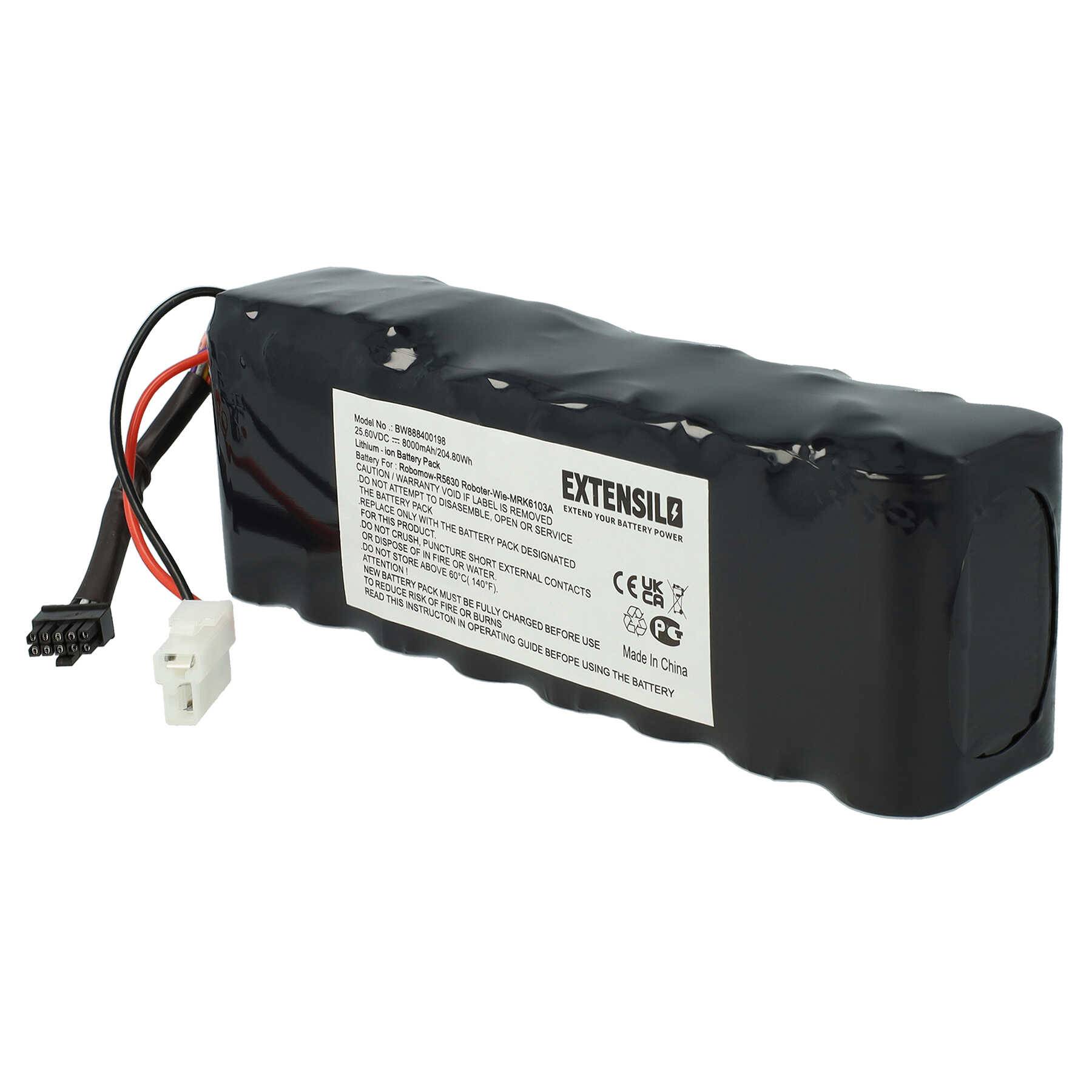 Schwarzes EXTENSIL Batteriepack mit angebrachten roten und schwarzen Drähten und Steckverbindern auf weißem Hintergrund.