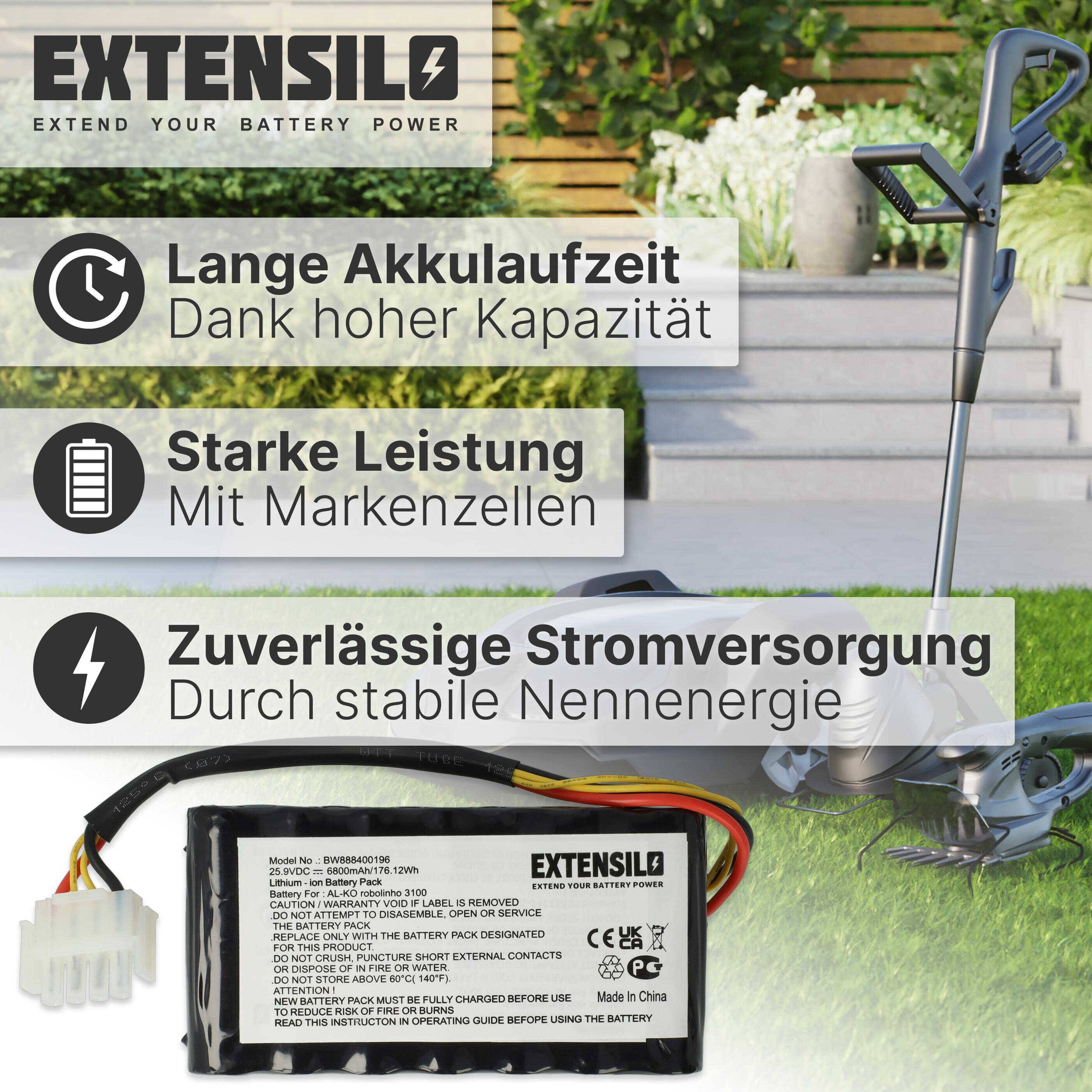 EXTENSILO Akku kompatibel mit AL-KO Robolinho 82, 82.8, 116, 3000, 3100, 4000, 4100 Rasenroboter Rasenmäher (6800mAh, 25,9V, Li-Ion)