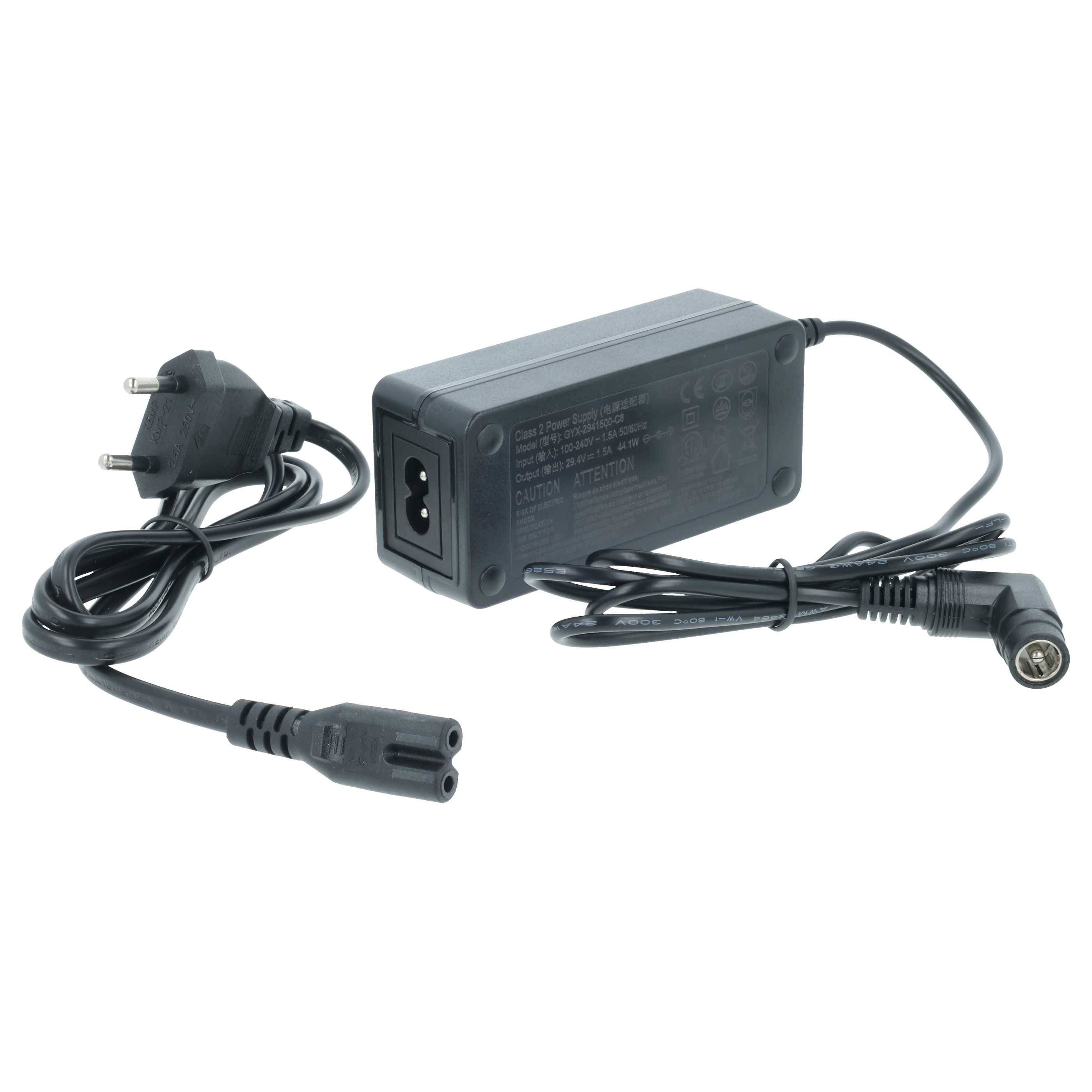 Ein schwarzer elektrischer Netzadapter mit einem zweipinnigen Stecker auf der linken Seite und einem abgerundeten Anschlusskabel auf der rechten Seite.