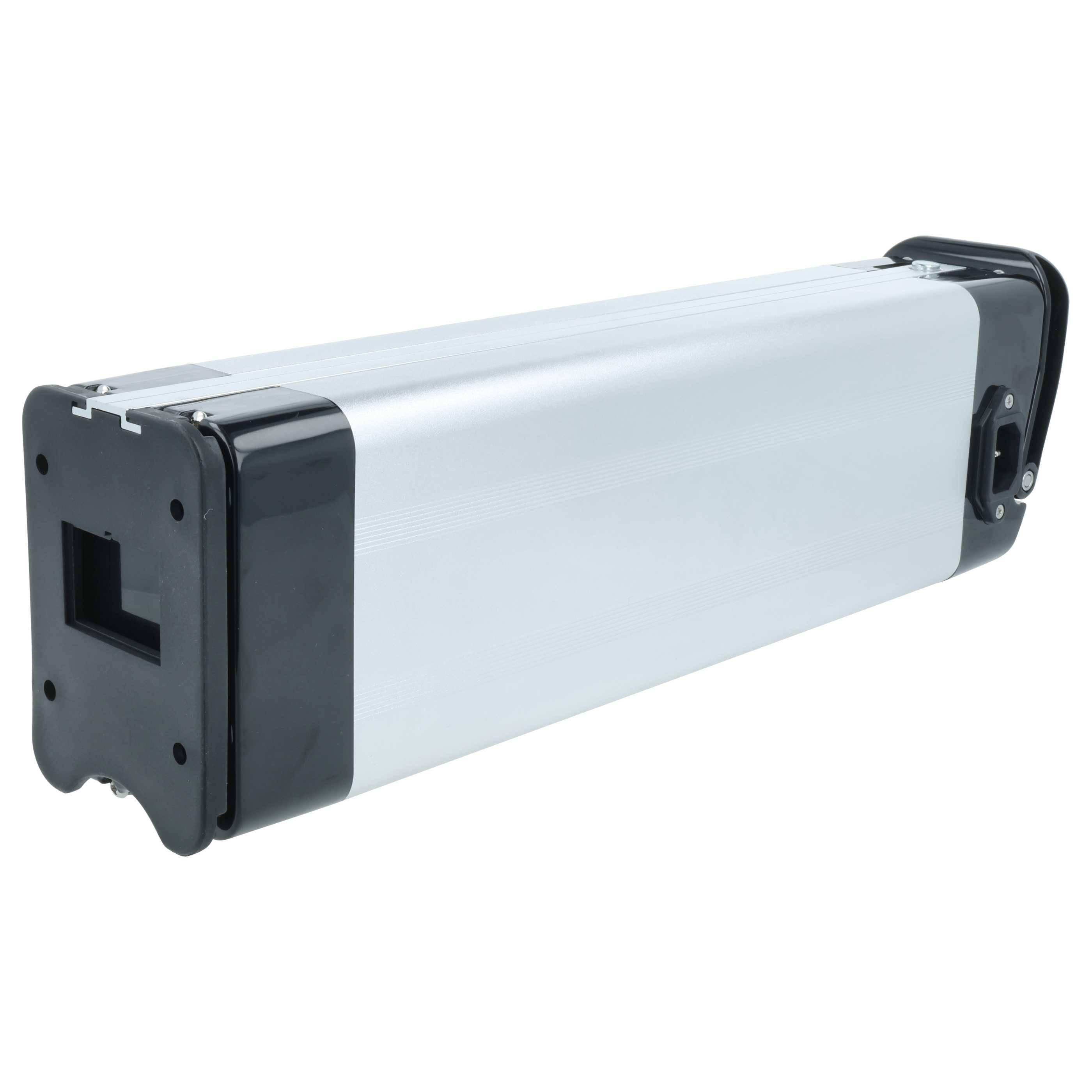 Ein rechteckiger silberner Akkupack mit schwarzen Endkappen, wahrscheinlich für Elektrofahrräder oder andere mobile elektronische Geräte verwendet.