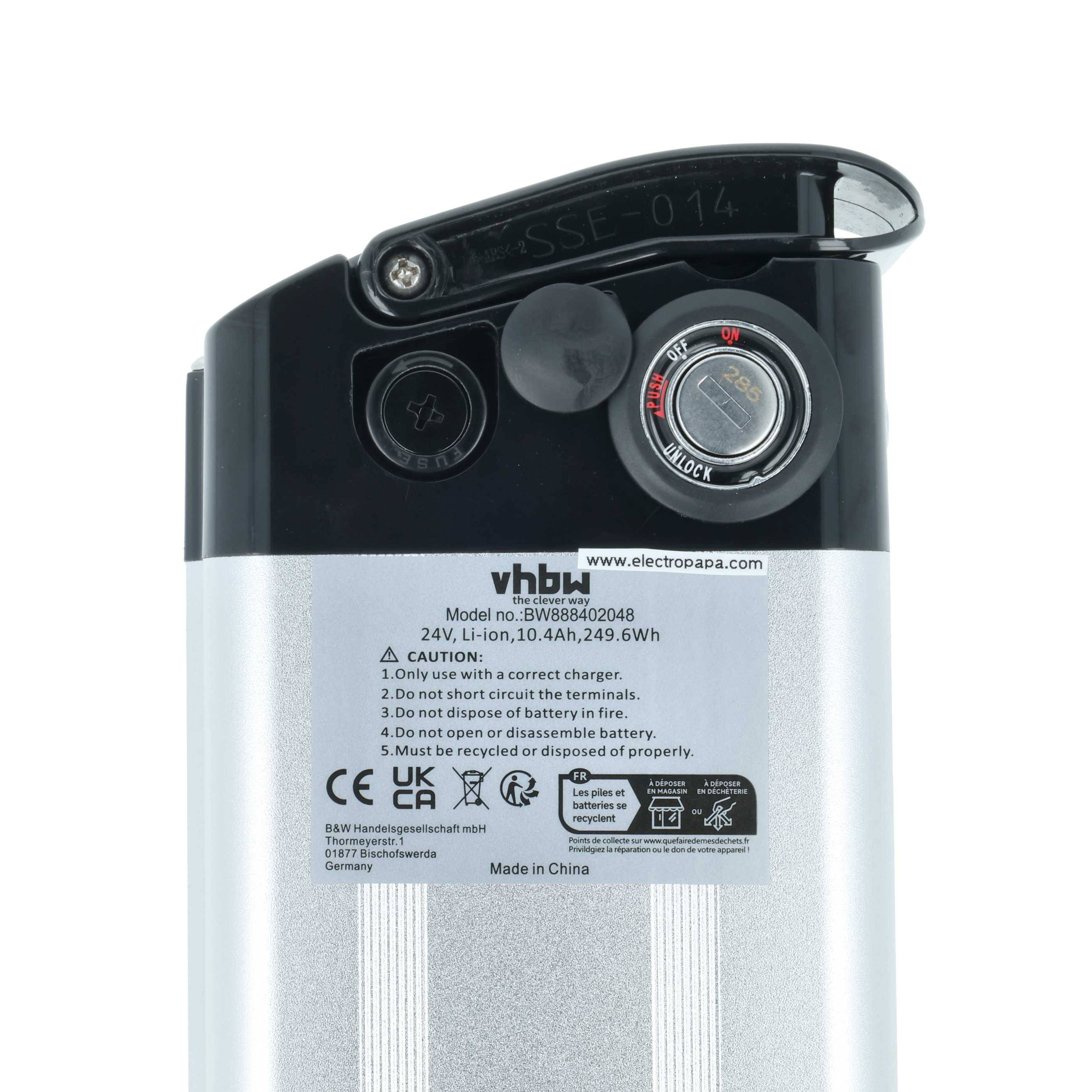 Das Bild zeigt eine silberne und schwarze Lithium-Ionen-Batterie mit dem Modell BH98480484, 24V, 10Ah, 249,6Wh. Warnhinweissymbole weisen darauf hin, dass die Batterie keiner Feuersexposition ausgesetzt werden darf, nicht zerlegt werden sollte und korrekt entsorgt werden muss.