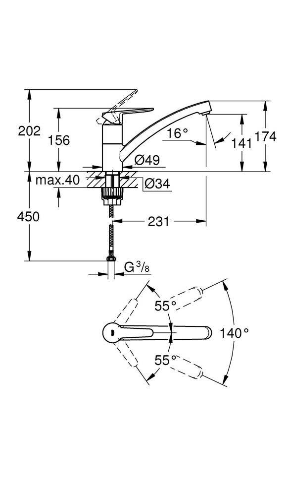 GROHE Einhand-Spültischarmatur BAUECO 1/2Zoll fla Ala chr chrom