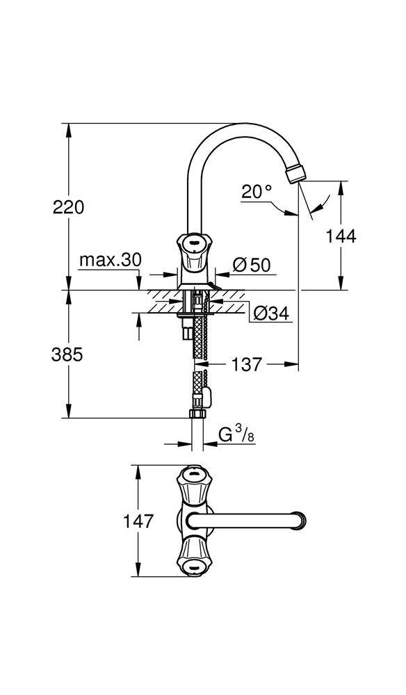 GROHE WT-Einlochbatterie Costa 1/2Zoll schwb Rohrausl. m Mousseur chr