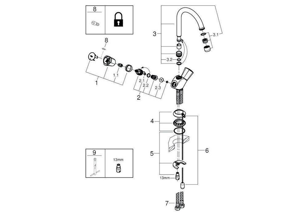 GROHE WT-Einlochbatterie Costa 1/2Zoll schwb Rohrausl. m Mousseur chr