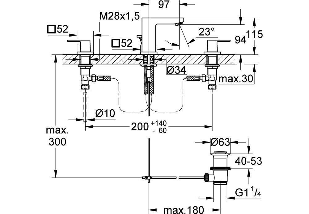 GROHE 3-Loch-Waschtischbatterie EUROCUBE 1/2Zoll ha graph gebü hard