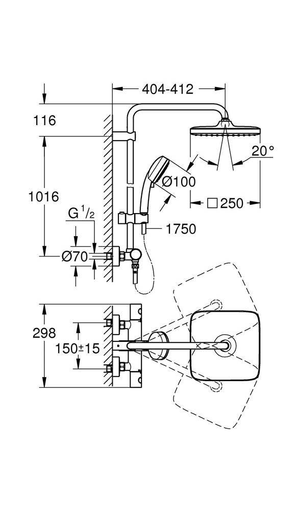 GROHE Duschsystem Tempesta C 250 Cube m Thermostat-Batt chr chrom mit