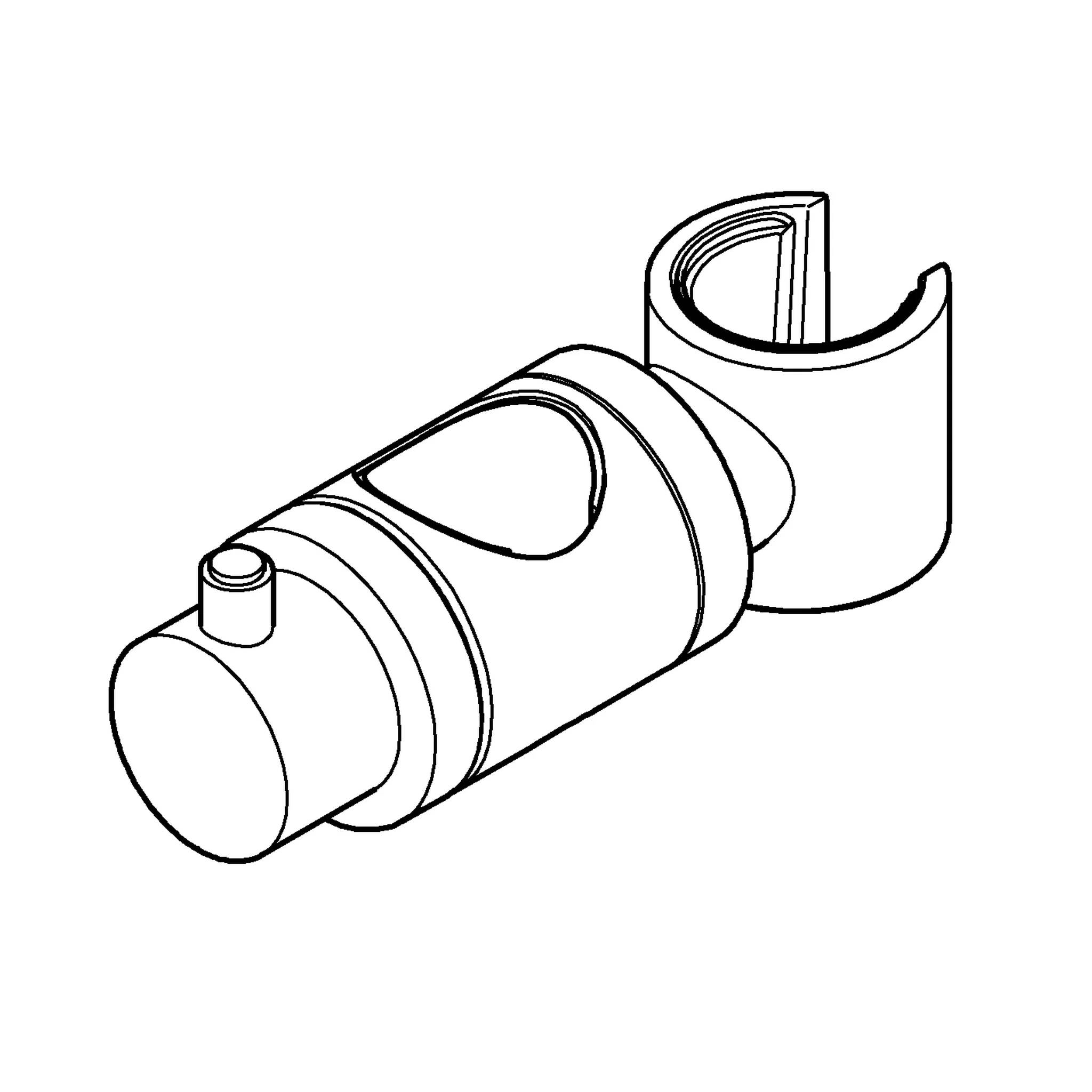 Einfache Strichzeichnung eines zylindrischen mechanischen Teils mit seitlichem Knopf und offenem zangenähnlichem Ende, dargestellt in Perspektive.