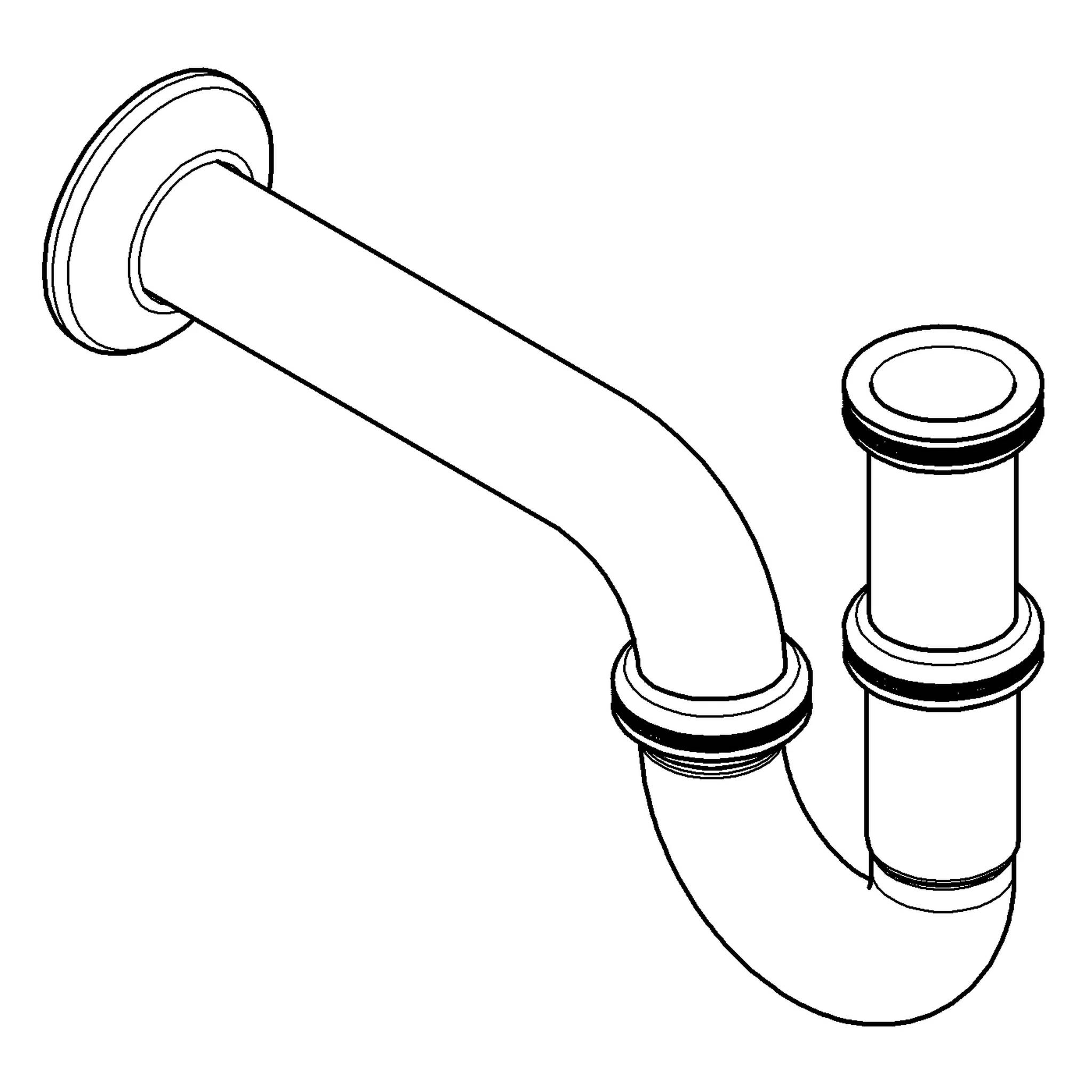 Linienzeichnung eines Waschbeckenschlauchs mit einem gekrümmten Rohr, das an einen Wandauslass angeschlossen ist, und einem vertikalen Reinigungsrohr oder Abwasserrohr.