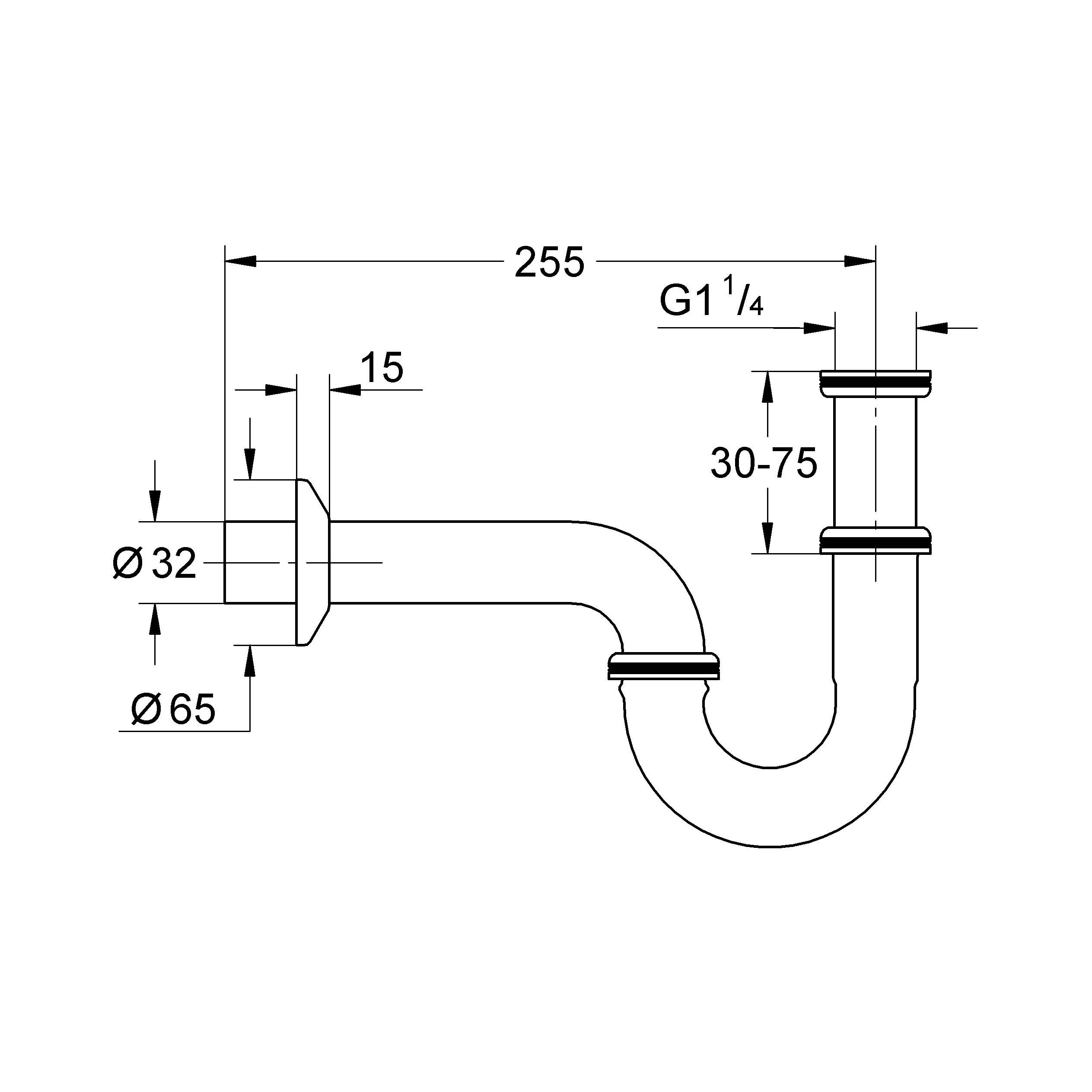 Technische Zeichnung eines Siphons für Spülbecken mit den Abmessungen: 255 mm Länge, 32 mm und 65 mm Durchmesser und G1 1/4 Anschluss.