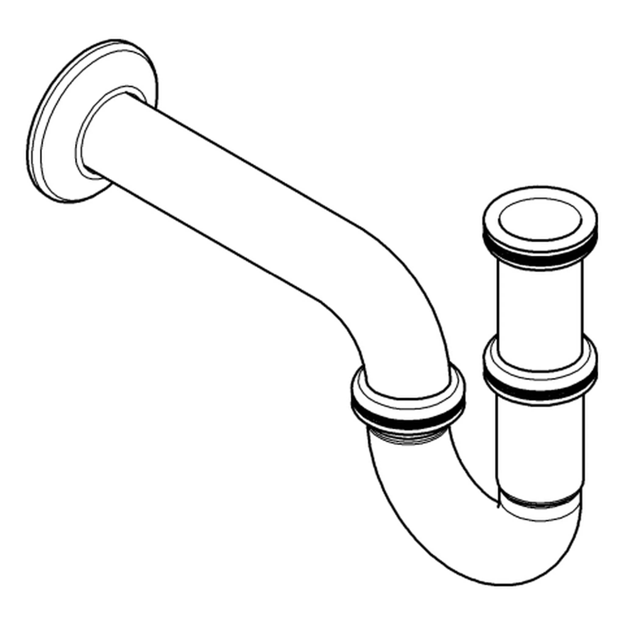 Diagramm eines Waschbeckenentwässerungssiphons und der Wandableitungsrohrverbindung, das den gekrümmten P-Siphon zeigt, der den Beckenablauf mit dem vertikalen Auslassrohr verbindet.