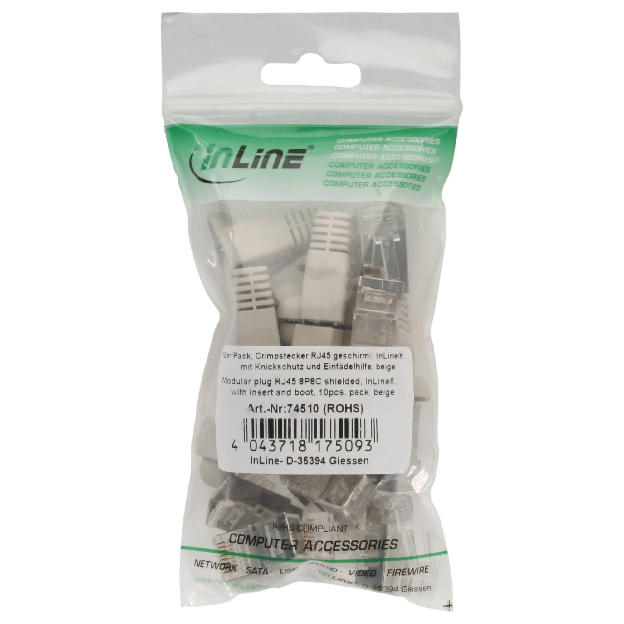INLINE - 10er Pack Crimpst. RJ45 gesch. - mit Knickschutz & Einfädelhilfe - beige