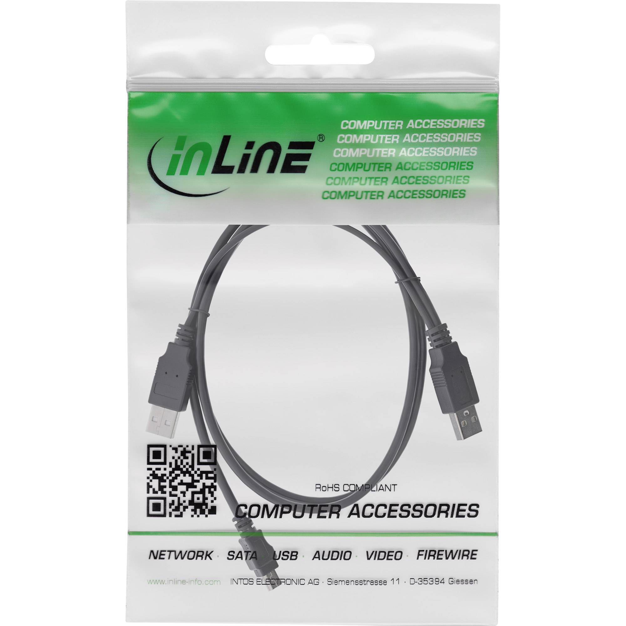 Verpacktes InLine-USB-Kabel mit zwei USB-Anschlüssen, beschriftet mit „Computer-Zubehör" und „Netzwerk SATA USB Audio Video FireWire"".