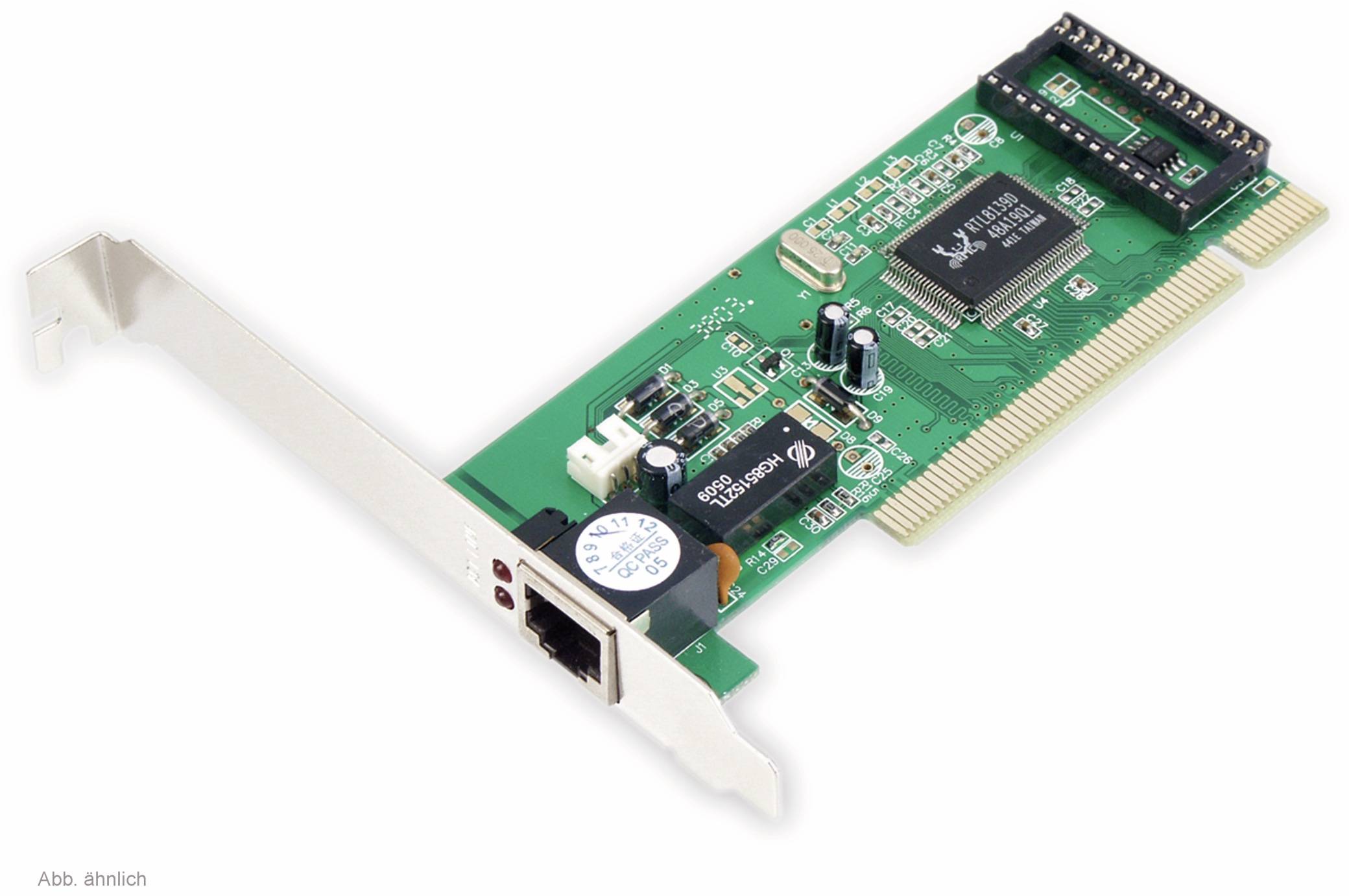 Grüne PCI-Netzwerkadapterkarte mit Ethernet-Anschluss und Metallhalterung, auf weißem Hintergrund dargestellt.