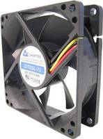 Schwarzer Computer-Kühlventilator mit vier Befestigungslöchern und angeschlossenen roten, gelben und schwarzen Stromkabeln