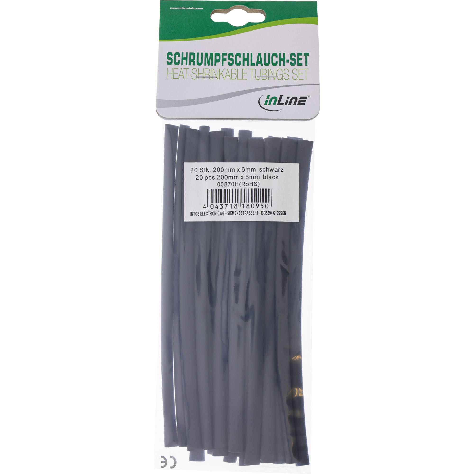 InLine Schrumpfschlauch 200mm lang - 6mm > 3mm 20er Pack - Schwarz - 20er